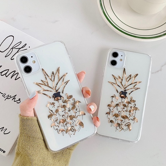 Clear Gold Pineapple Flamingo Trendy iPhone Case - Picture 2 of 3